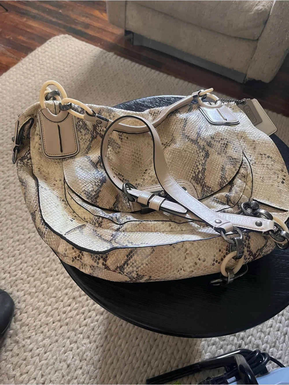 Coach Soho Kristin Beige Snake-Print Hobo Bag with Ivory Ring Handles